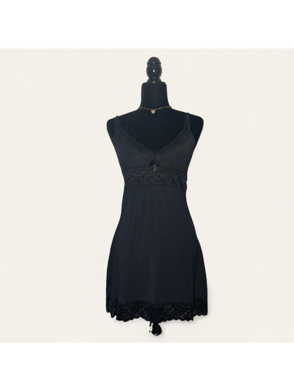 Vintage Y2K Secret Possessions Black Lingerie Slip Dress Charm Detail